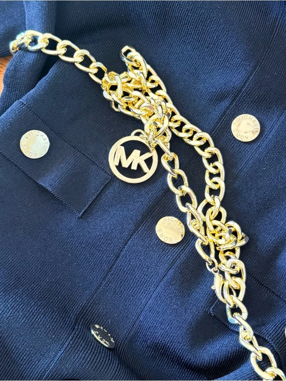 Michael KORS Stretch Viscose Gold Chain Belted Signature Black Midi Dress Medium